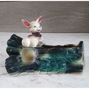 Vintage Brush McCoy Pottery White Bunny Rabbit Pink Jacket on a Log Planter